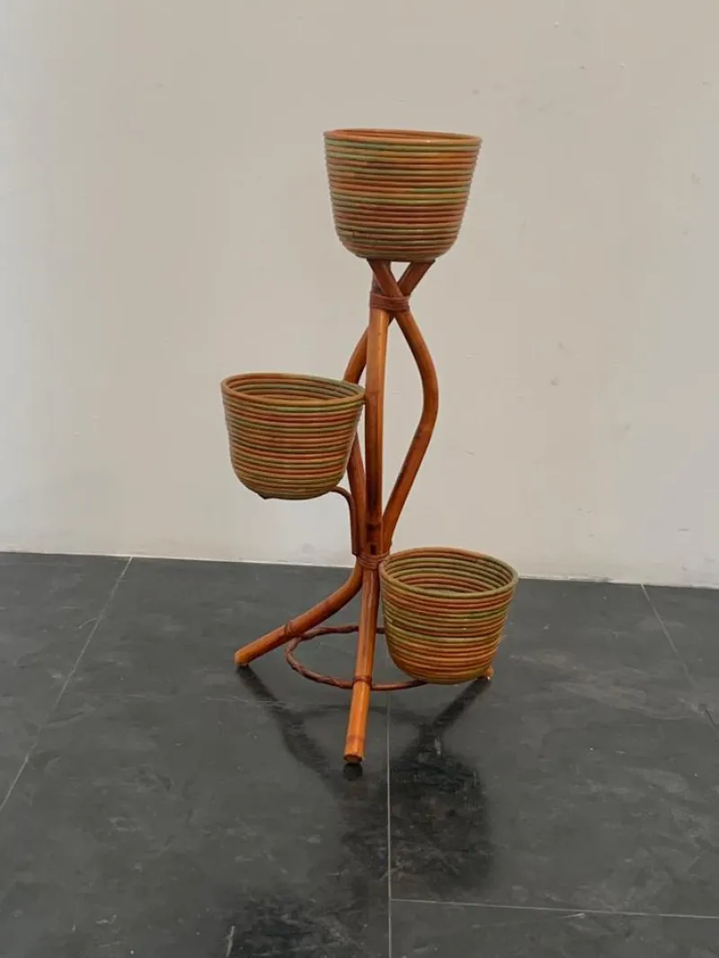 Discount Pamono Polychrome Wicker and Bamboo Vase Holder Tripods, 1970s