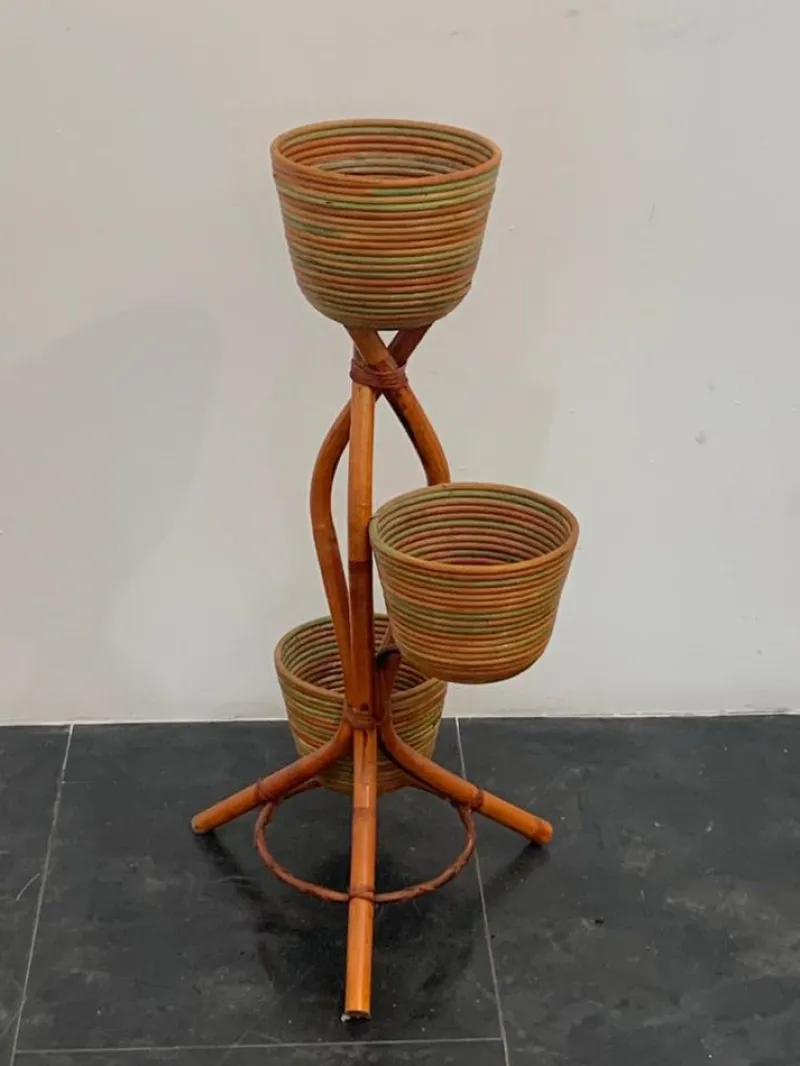 Discount Pamono Polychrome Wicker and Bamboo Vase Holder Tripods, 1970s