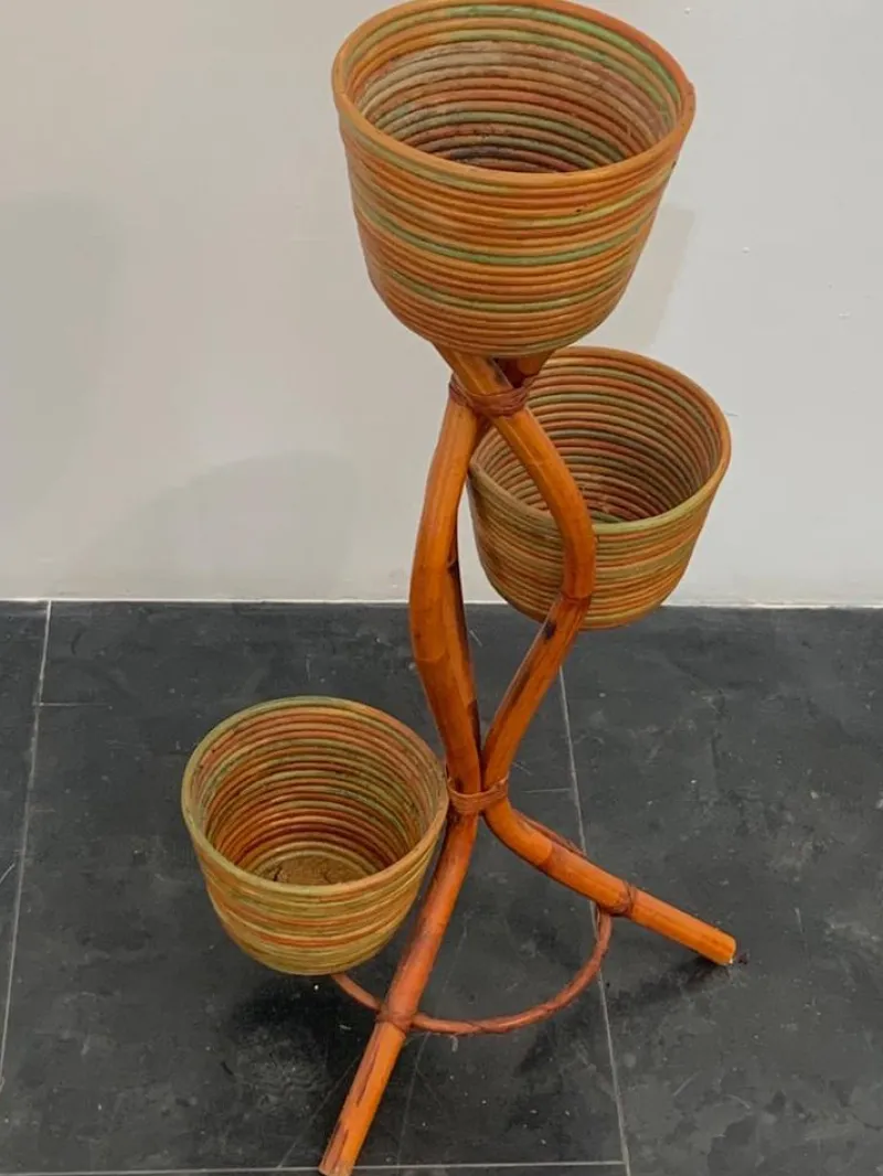 Discount Pamono Polychrome Wicker and Bamboo Vase Holder Tripods, 1970s