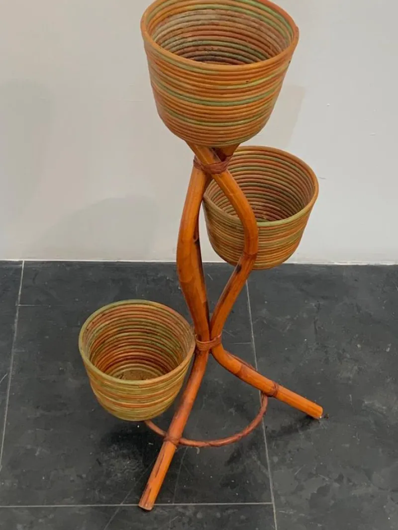 Discount Pamono Polychrome Wicker and Bamboo Vase Holder Tripods, 1970s