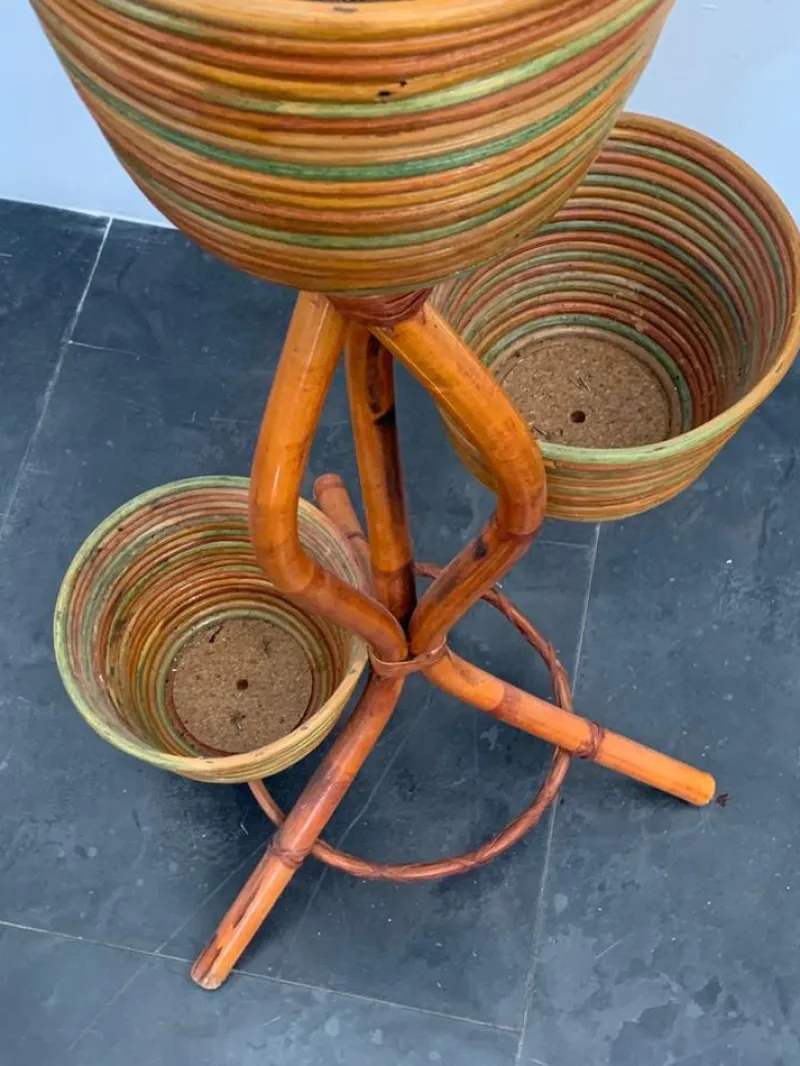 Discount Pamono Polychrome Wicker and Bamboo Vase Holder Tripods, 1970s