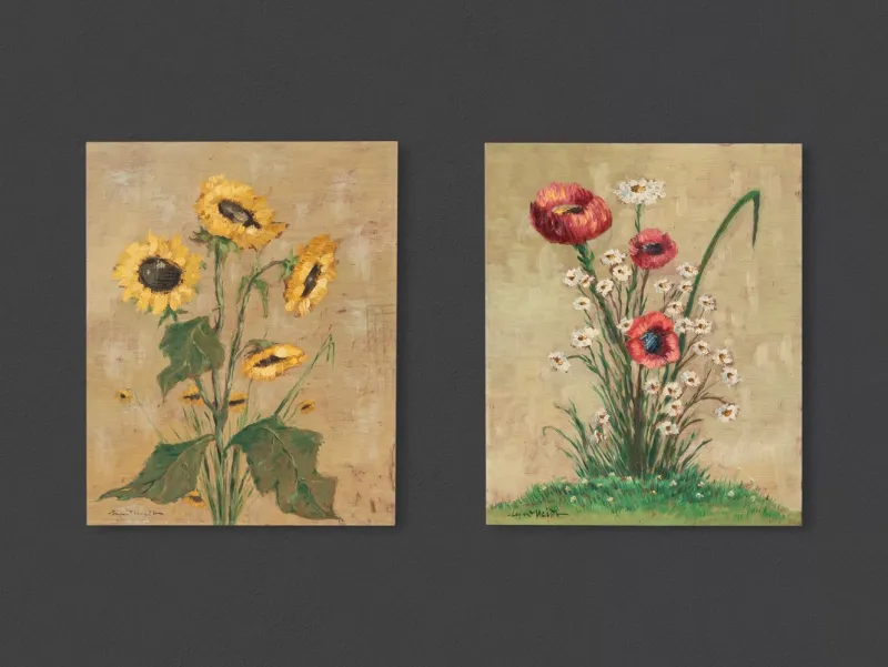 Discount Pamono Poppy and Sunflowers, 1960s, Oil Paintings on Plate, Framed, Set of 2