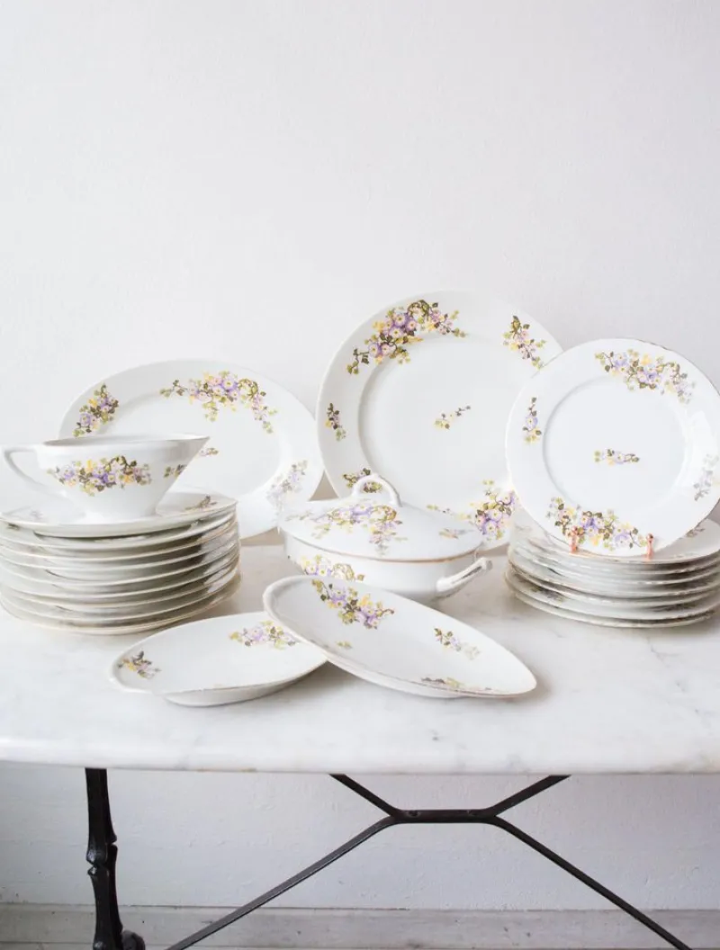 Pamono Porcelain Dishes with Flowers from Limoges, 1940s, Set of 36> Dinner Plates & Bowls