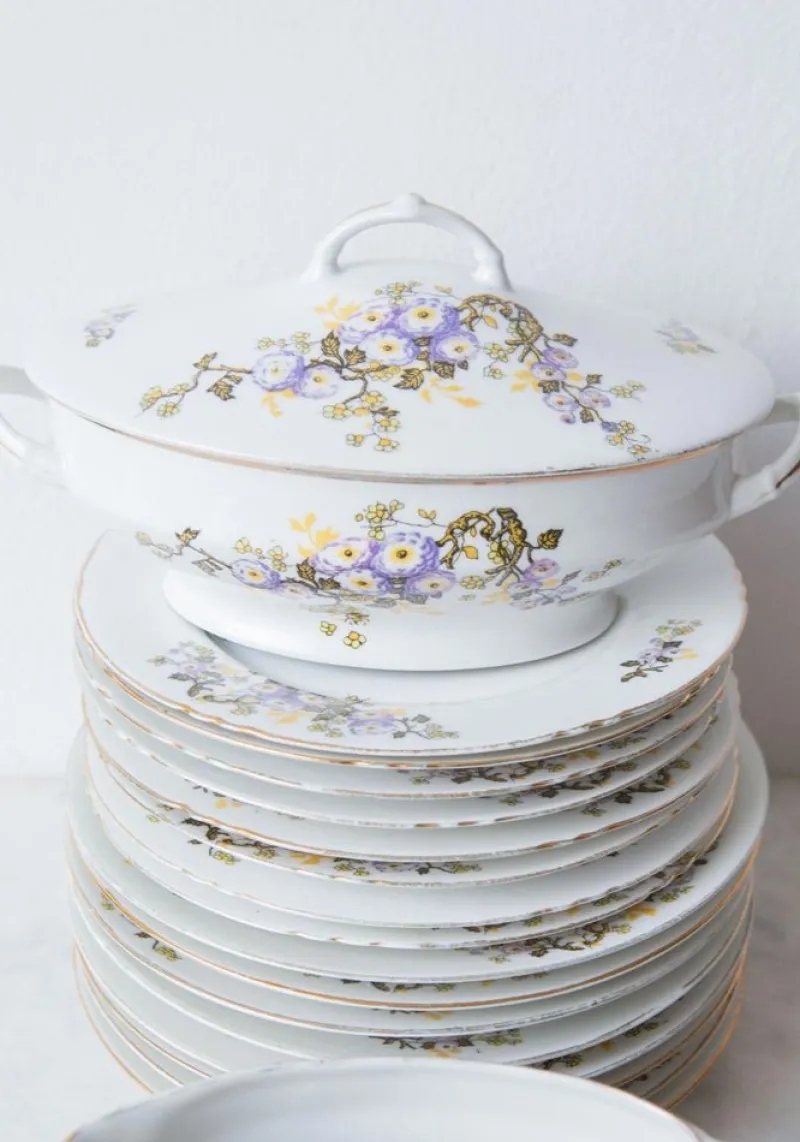 Pamono Porcelain Dishes with Flowers from Limoges, 1940s, Set of 36> Dinner Plates & Bowls
