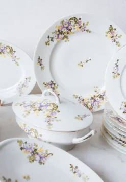 Pamono Porcelain Dishes with Flowers from Limoges, 1940s, Set of 36><noscript><img width=