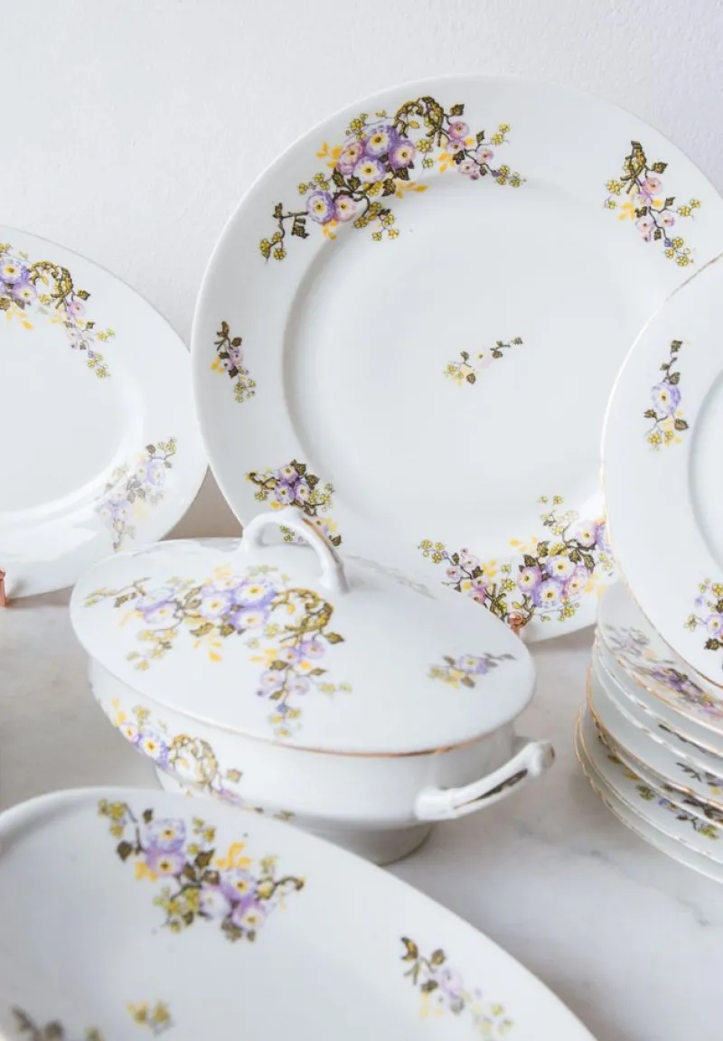 Pamono Porcelain Dishes with Flowers from Limoges, 1940s, Set of 36> Dinner Plates & Bowls