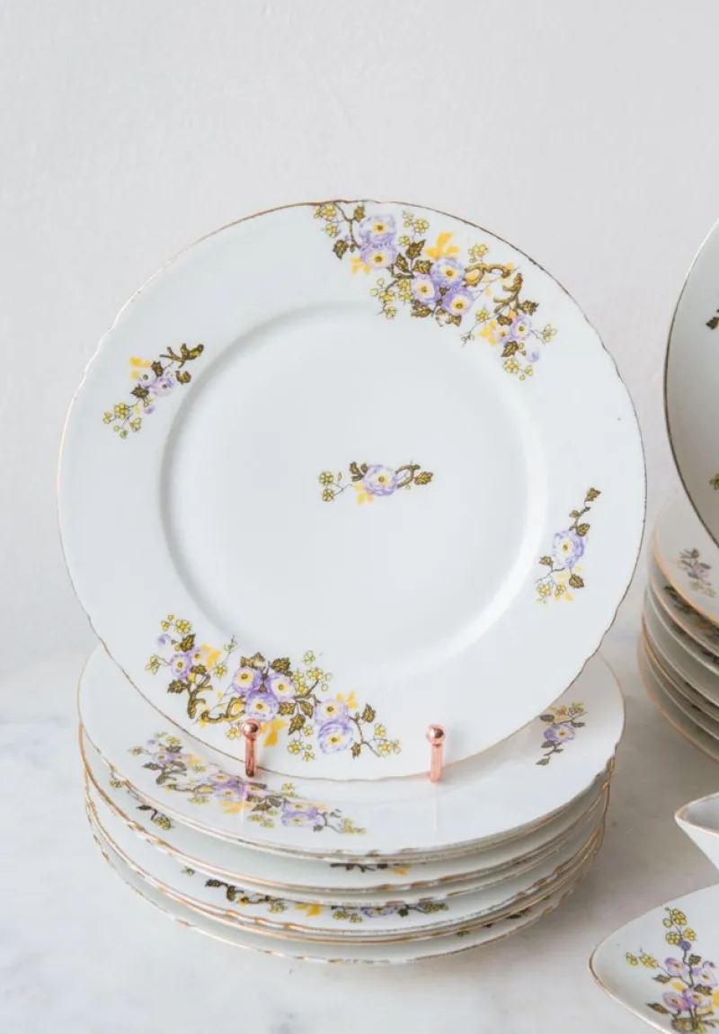 Pamono Porcelain Dishes with Flowers from Limoges, 1940s, Set of 36> Dinner Plates & Bowls