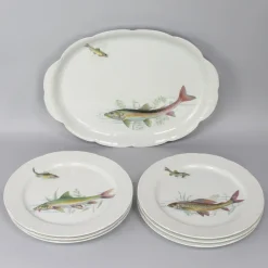 Pamono Porcelain Fish Dishes and Tray Set, 1960s, Set of 7><noscript><img width=