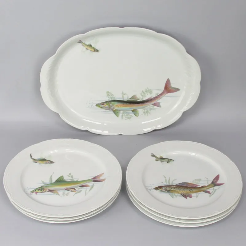 Pamono Porcelain Fish Dishes and Tray Set, 1960s, Set of 7> Trays