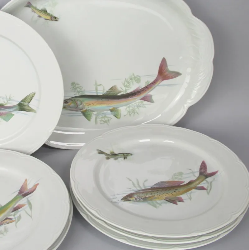 Pamono Porcelain Fish Dishes and Tray Set, 1960s, Set of 7> Trays