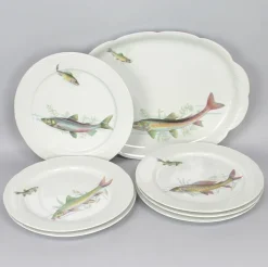 Pamono Porcelain Fish Dishes and Tray Set, 1960s, Set of 7><noscript><img width=