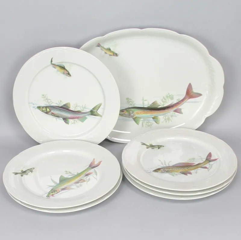 Pamono Porcelain Fish Dishes and Tray Set, 1960s, Set of 7> Trays
