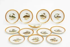 Clearance Pamono Porcelain Plates and Sauce Boat Fish Decoration from Limoges, 1980s, Set of 13