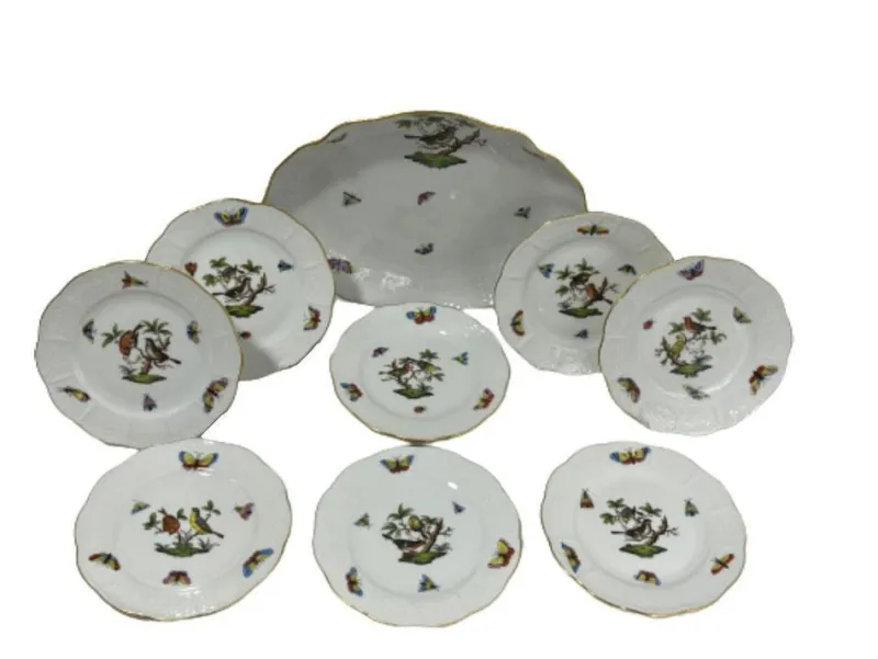 Pamono Porcelain Serving Set with Rothschild Pattern from Herend, Set of 9> Dinner Plates & Bowls