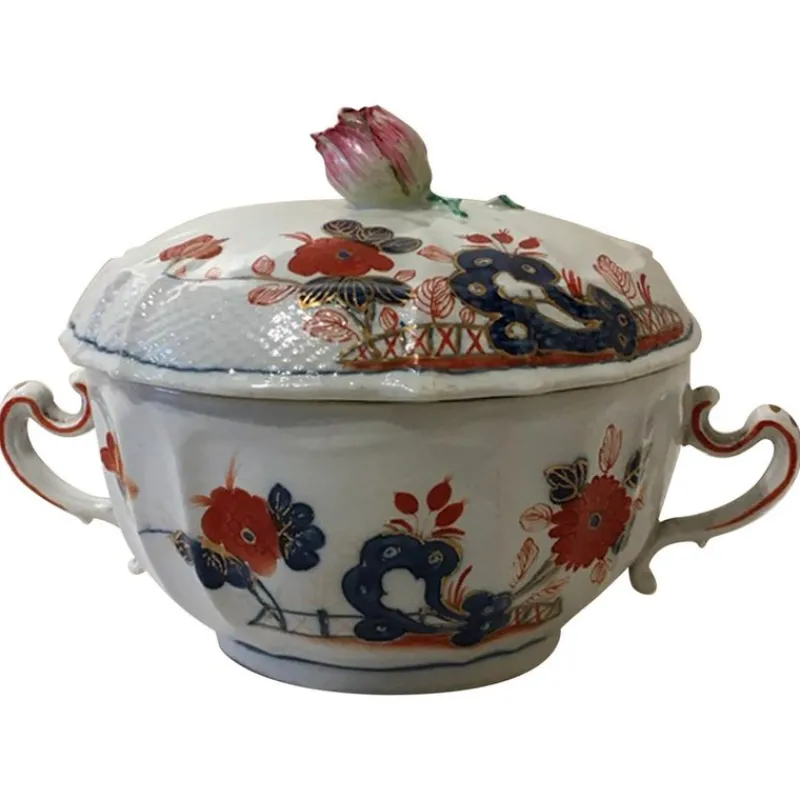 New Pamono Porcelain Tureen with Red and Blue Decor by Richard Ginori, Italy, 19th Century