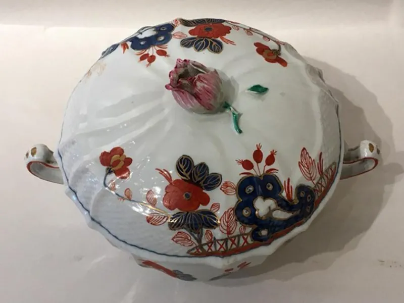 New Pamono Porcelain Tureen with Red and Blue Decor by Richard Ginori, Italy, 19th Century