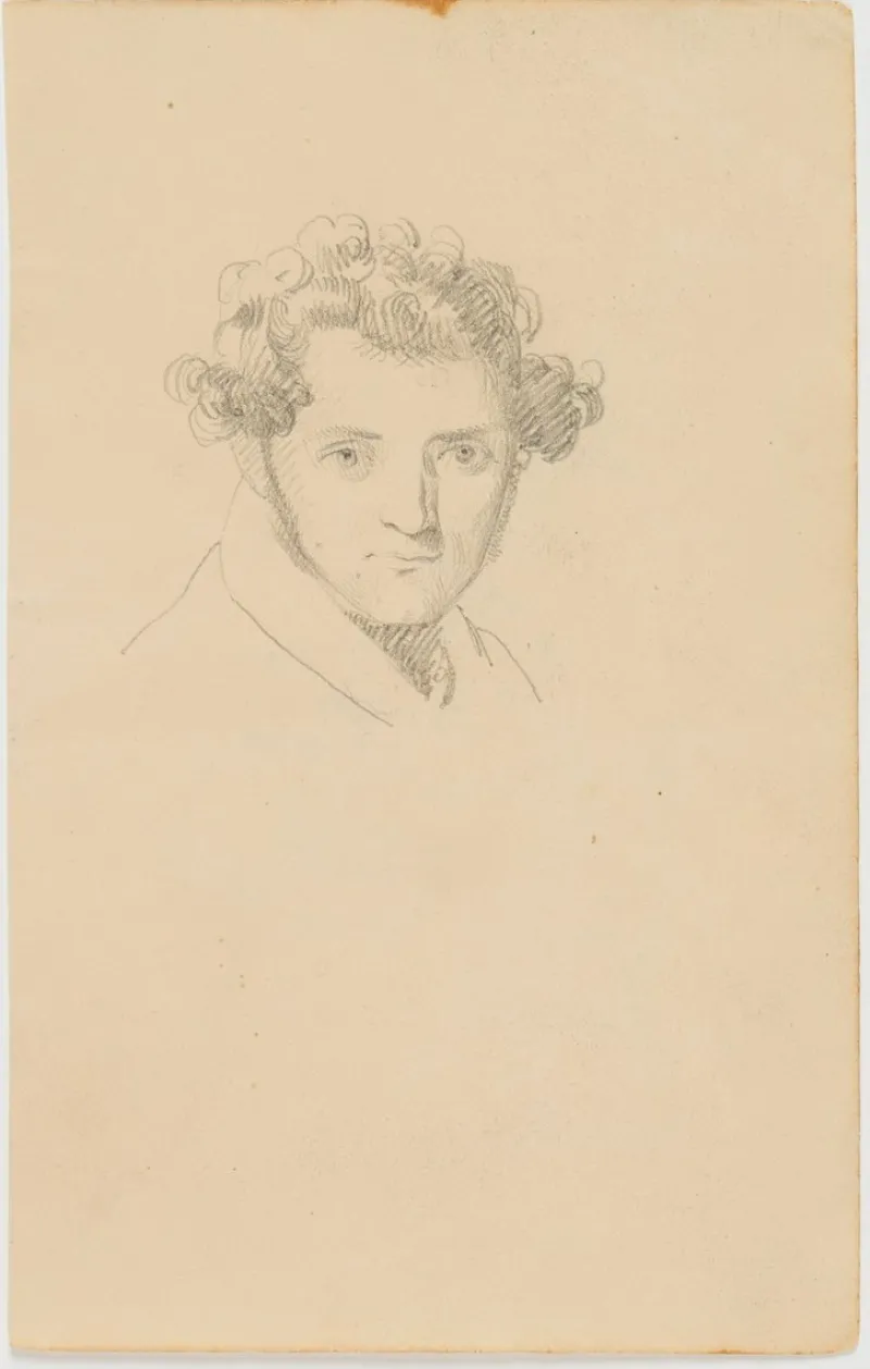 Pamono Portrait of a Young Man With Curly Hair, 19th-Century, Pencil> Classical