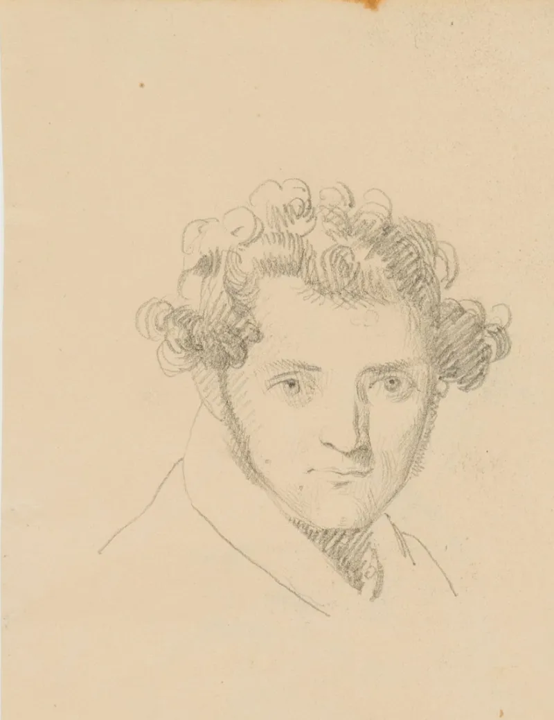 Pamono Portrait of a Young Man With Curly Hair, 19th-Century, Pencil> Classical