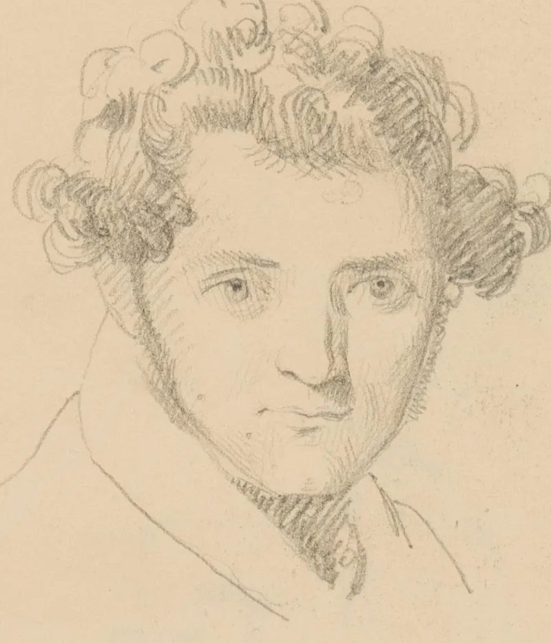 Pamono Portrait of a Young Man With Curly Hair, 19th-Century, Pencil> Classical