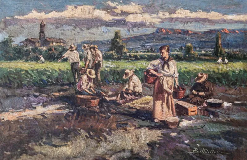 Discount Pamono Post-Impressionist Artist, Harvesting the Crop, Large Oil Painting, Framed