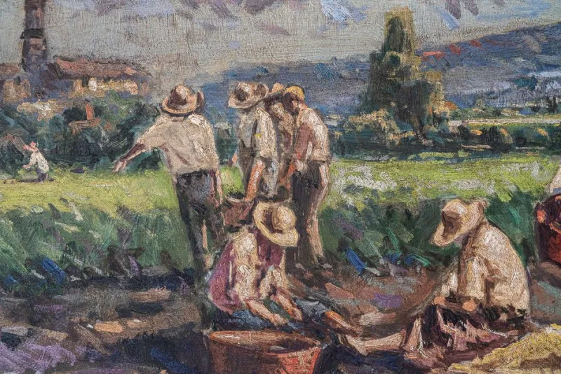 Discount Pamono Post-Impressionist Artist, Harvesting the Crop, Large Oil Painting, Framed
