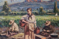 Discount Pamono Post-Impressionist Artist, Harvesting the Crop, Large Oil Painting, Framed
