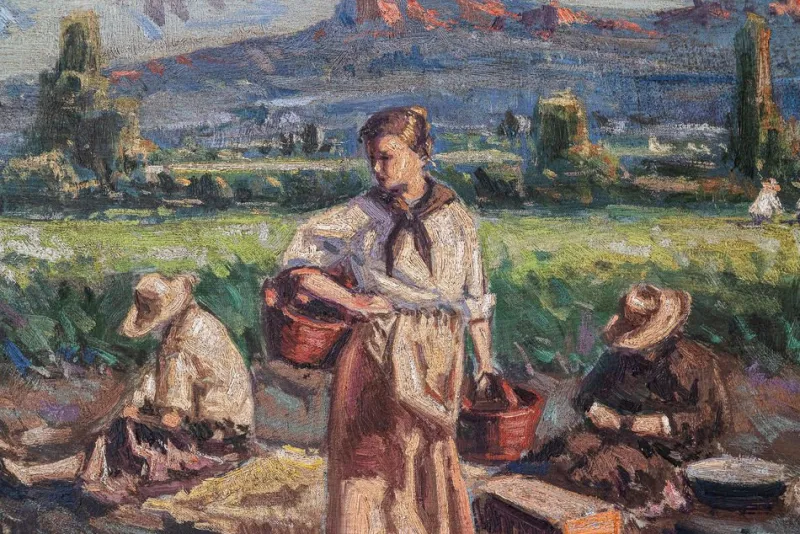 Discount Pamono Post-Impressionist Artist, Harvesting the Crop, Large Oil Painting, Framed