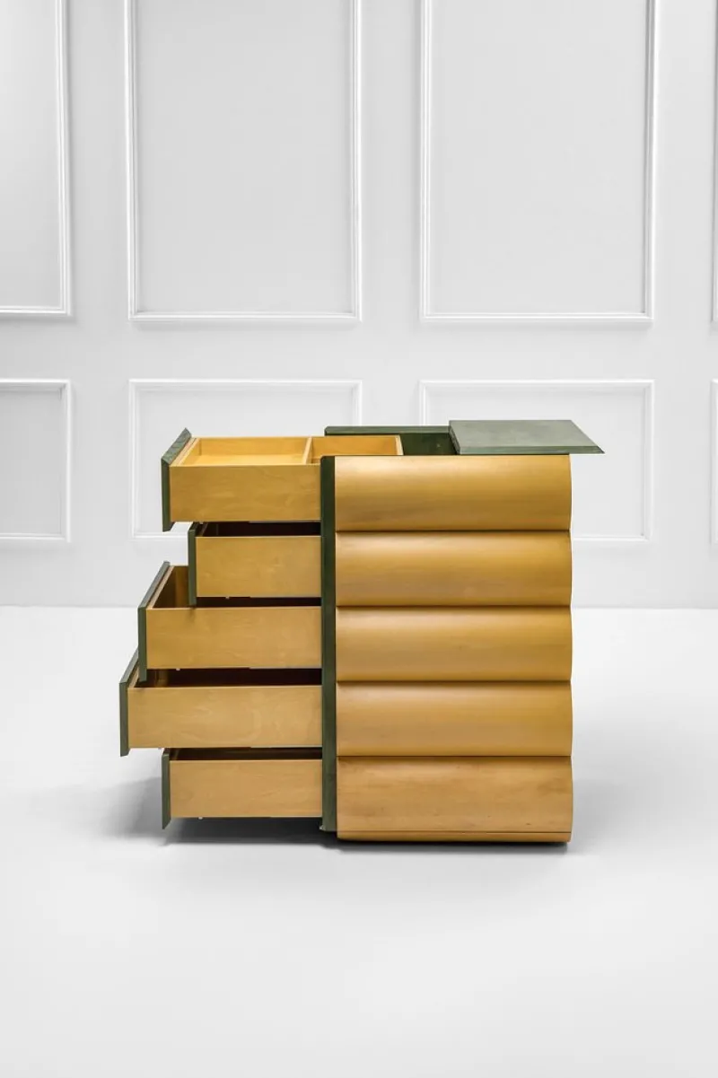 Pamono Postmodern Architectural Chest of Drawers in Natural Wood and Aniline-Stained Wood, 1980s> Dressers, Commodes & Chests