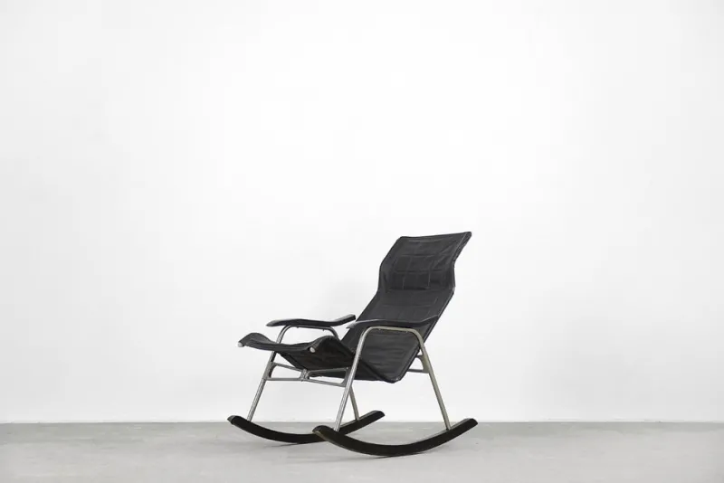 Pamono Postmodern Black Leather Rocking Chair by Takeshi Nii, 1950s