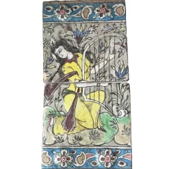 Hot Pamono Qajar-Era Hand-Painted Double-Tile Panel with Female Musician, 19th Century
