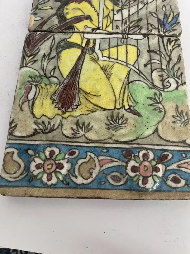 Hot Pamono Qajar-Era Hand-Painted Double-Tile Panel with Female Musician, 19th Century