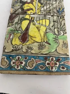 Hot Pamono Qajar-Era Hand-Painted Double-Tile Panel with Female Musician, 19th Century