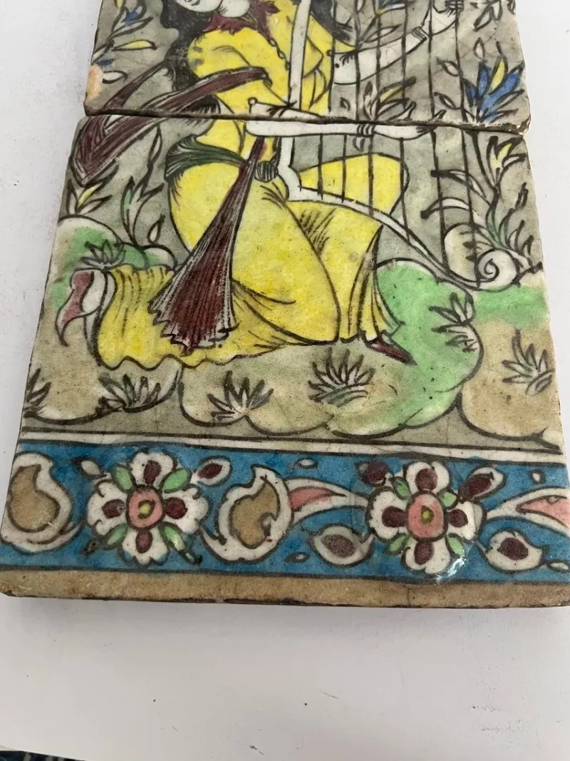 Hot Pamono Qajar-Era Hand-Painted Double-Tile Panel with Female Musician, 19th Century