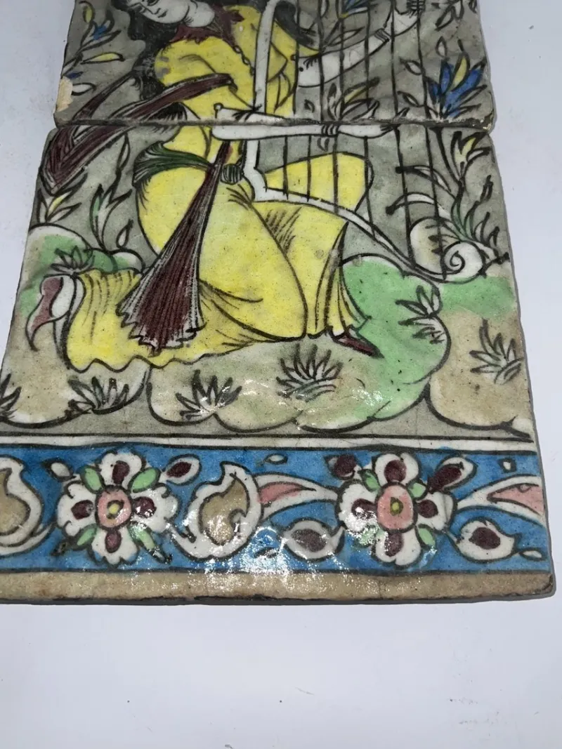Hot Pamono Qajar-Era Hand-Painted Double-Tile Panel with Female Musician, 19th Century