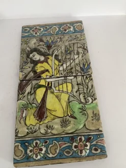 Hot Pamono Qajar-Era Hand-Painted Double-Tile Panel with Female Musician, 19th Century