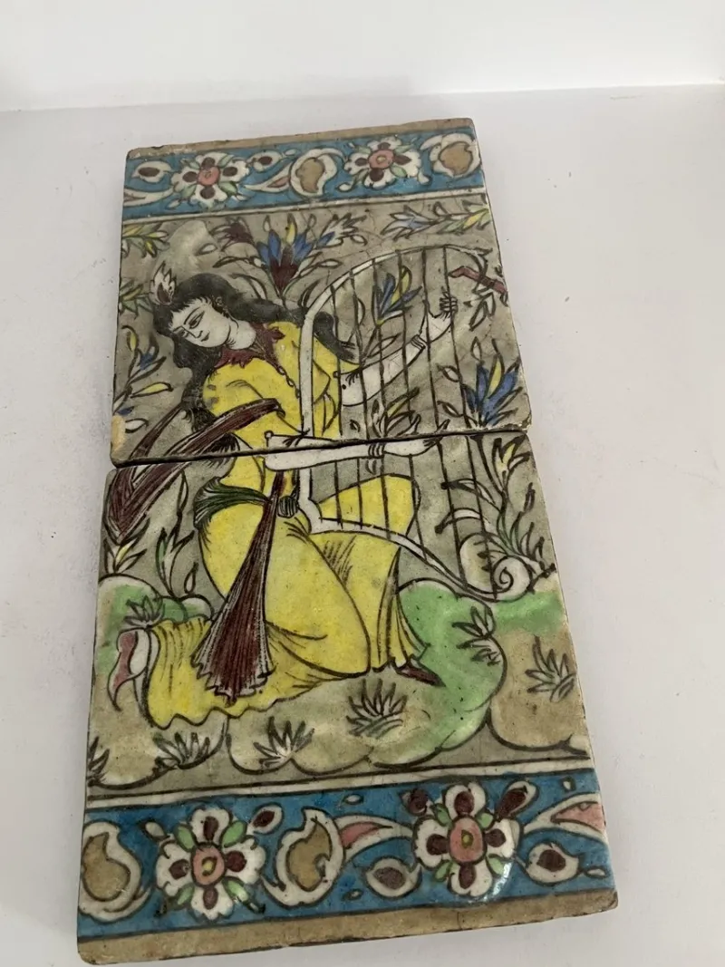 Hot Pamono Qajar-Era Hand-Painted Double-Tile Panel with Female Musician, 19th Century
