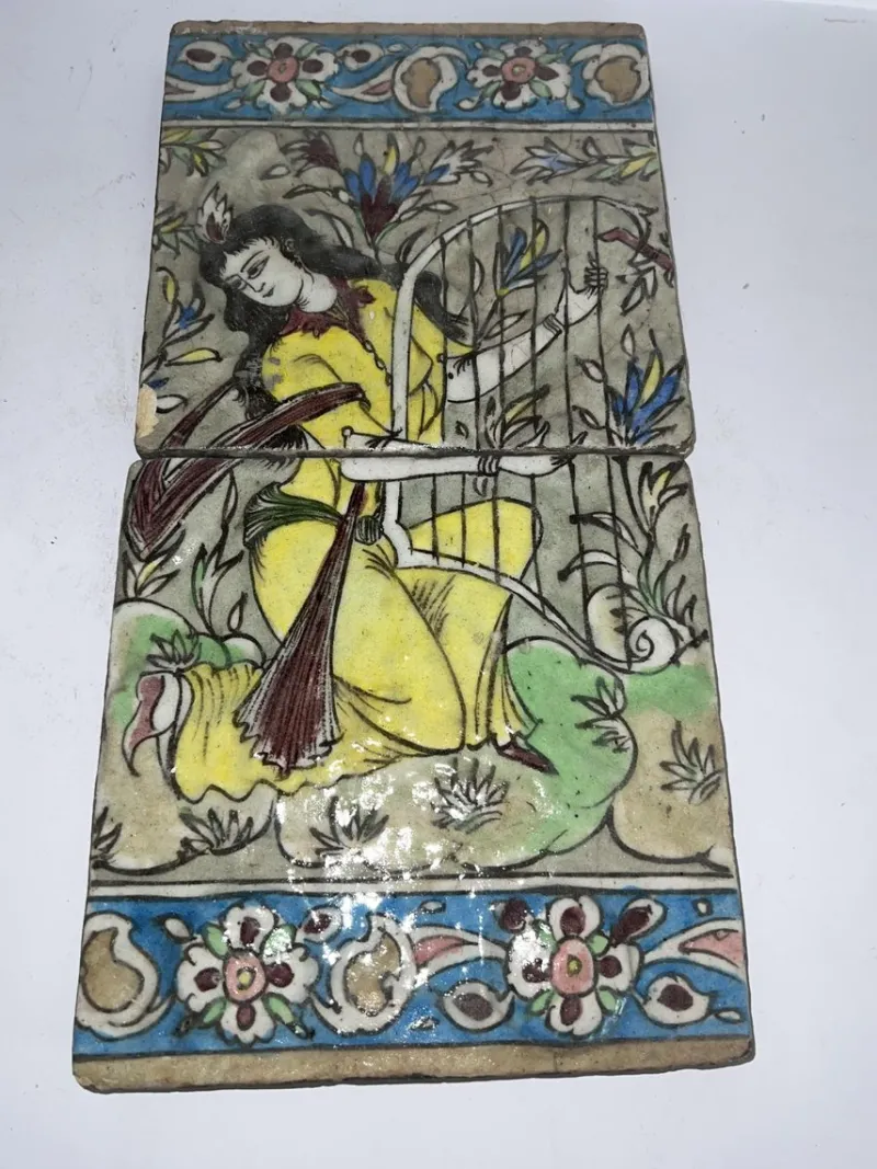 Hot Pamono Qajar-Era Hand-Painted Double-Tile Panel with Female Musician, 19th Century