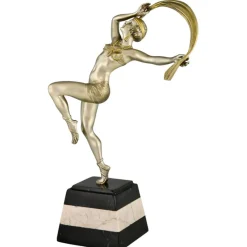 Pamono R. Varnier, Art Deco Scarf Dancer, 1925, Bronze with Marble Base><noscript><img width=