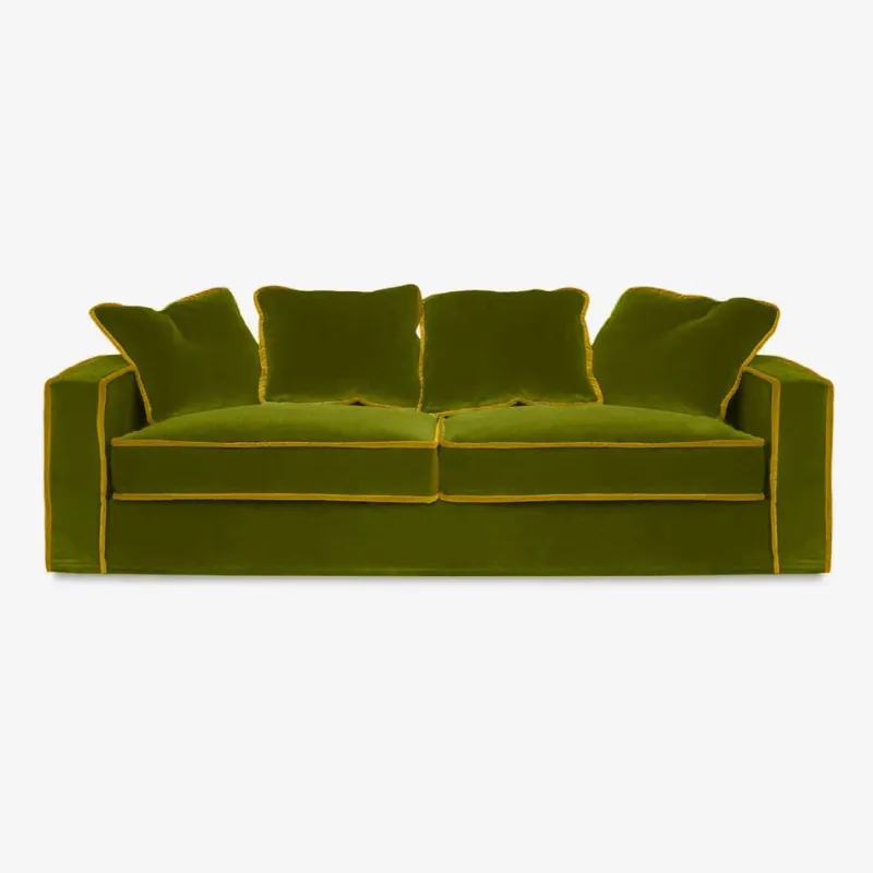Pamono Rafaella Three-Seater Sofa in Olive Green Velvet with Mustard Yellow Trim from Biosofa> Seating