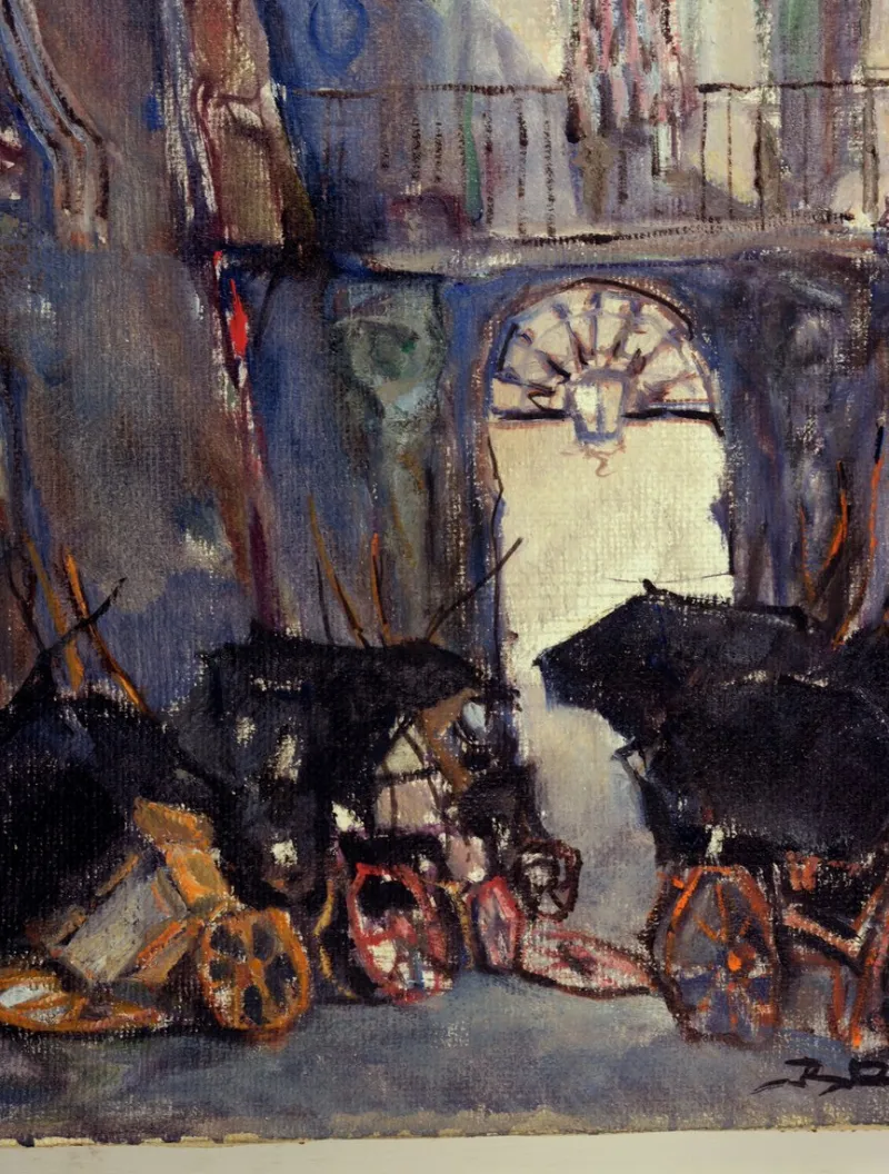 Outlet Pamono Raffaele Barscigliè, Naples Street Scene with Carriages, 1950s, Oil on Canvas