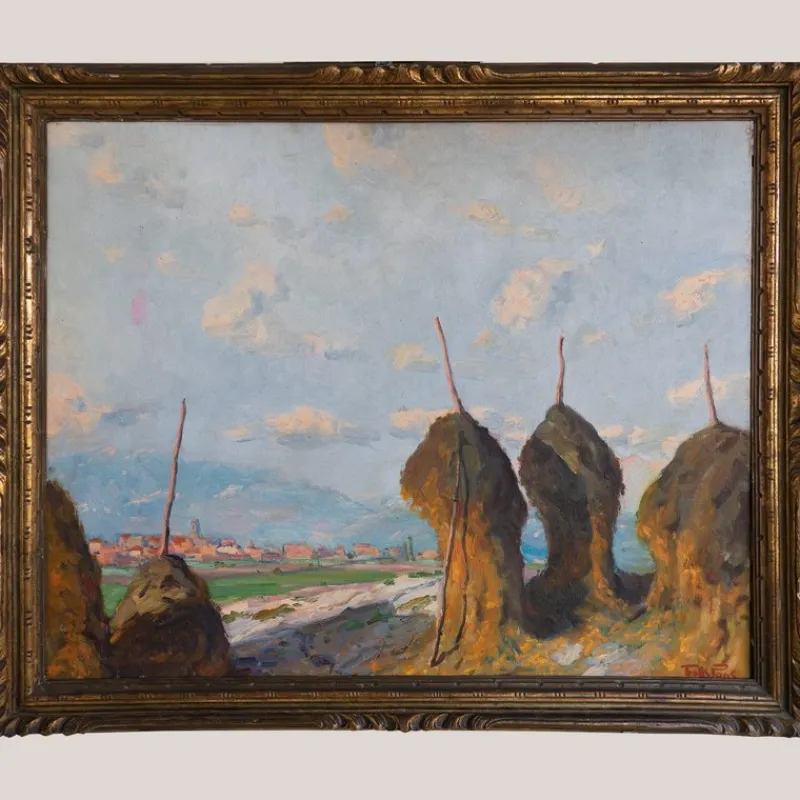 Pamono Ramon Trulls Pons, Impressionist Haystack Landscape, Oil on Canvas> Impressionist