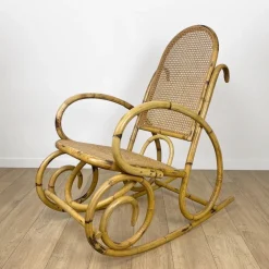 Pamono Rattan and Cane Rocking Chair, 1970s