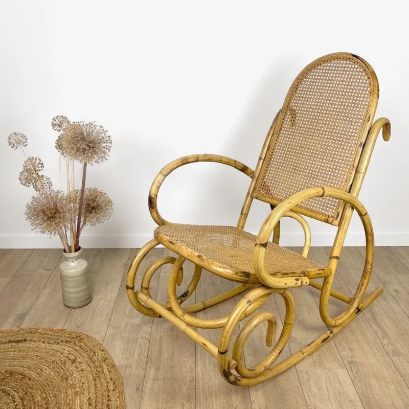 Pamono Rattan and Cane Rocking Chair, 1970s