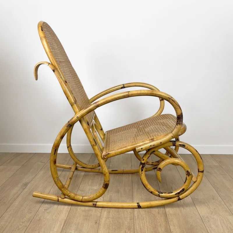 Pamono Rattan and Cane Rocking Chair, 1970s
