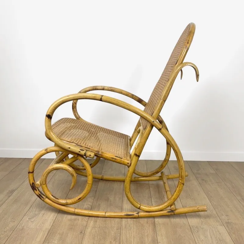 Pamono Rattan and Cane Rocking Chair, 1970s