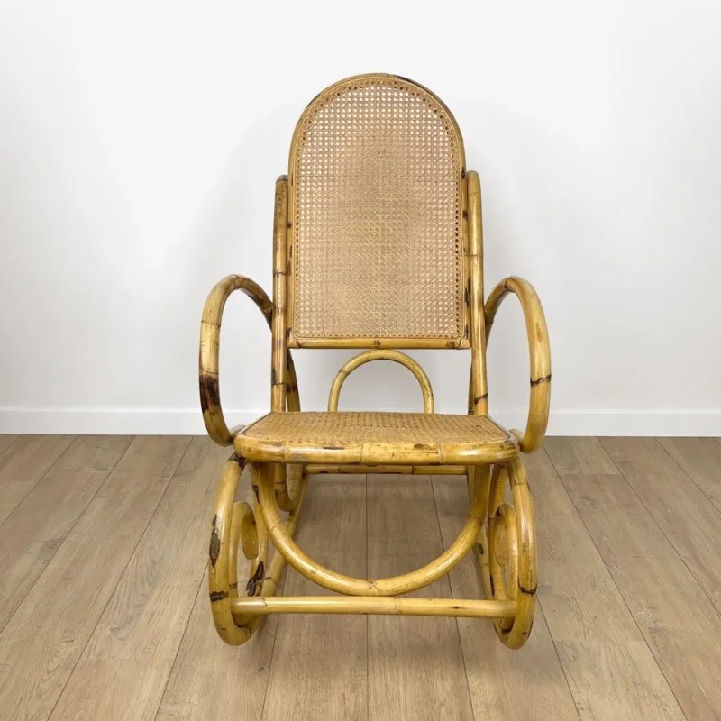 Pamono Rattan and Cane Rocking Chair, 1970s