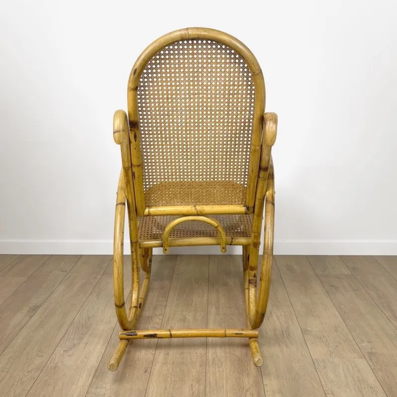 Pamono Rattan and Cane Rocking Chair, 1970s