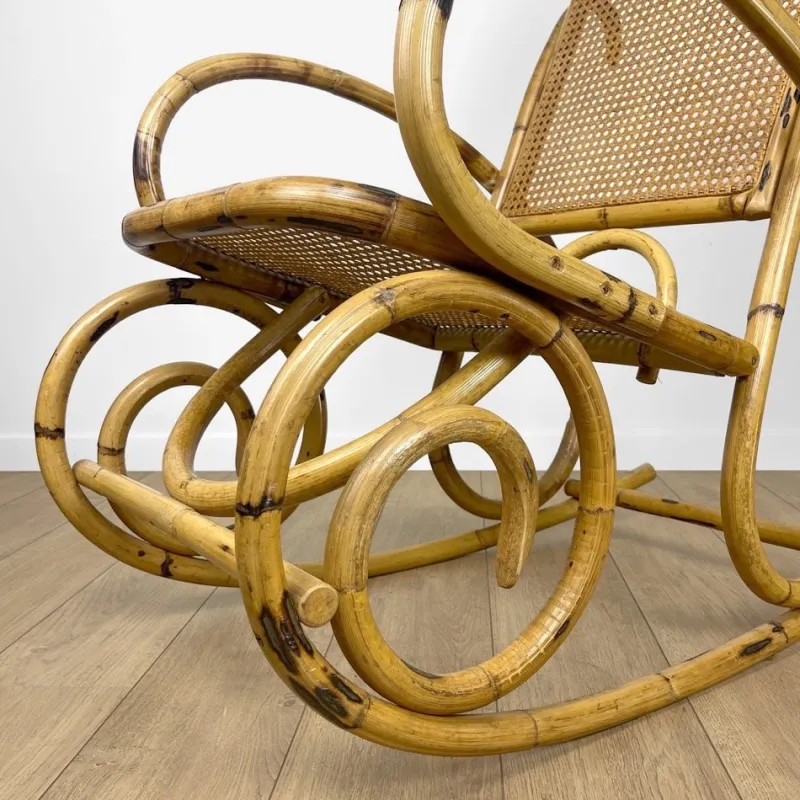 Pamono Rattan and Cane Rocking Chair, 1970s