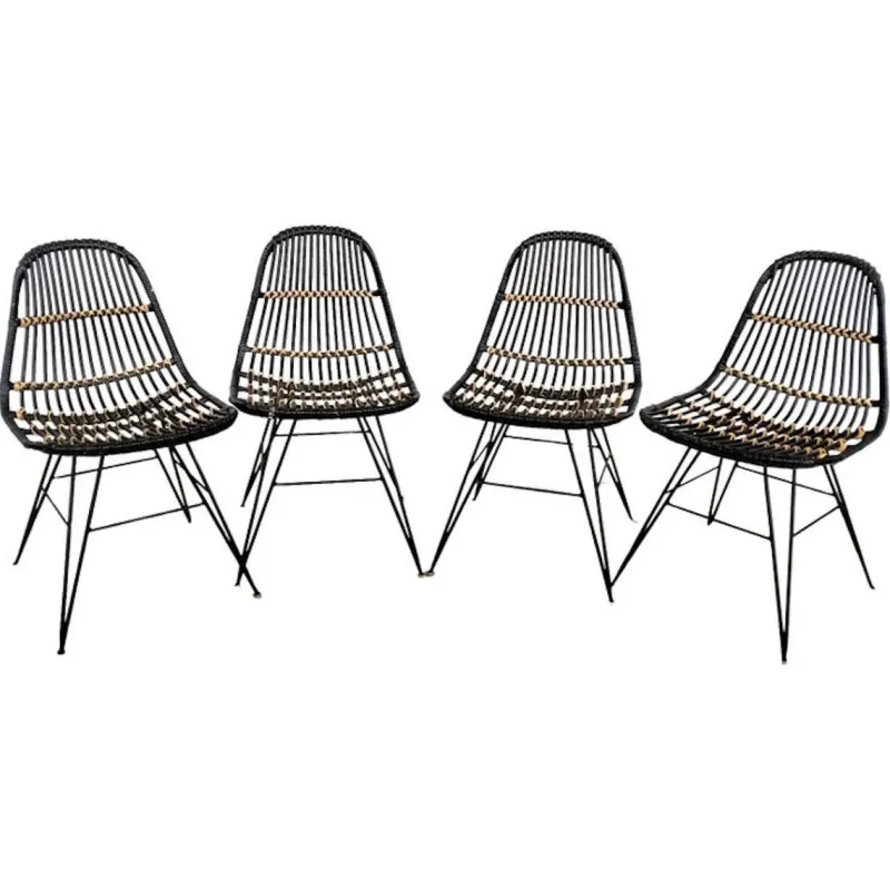 Pamono Rattan and Metal Chairs, 1960s, Set of 4> Garden Seating