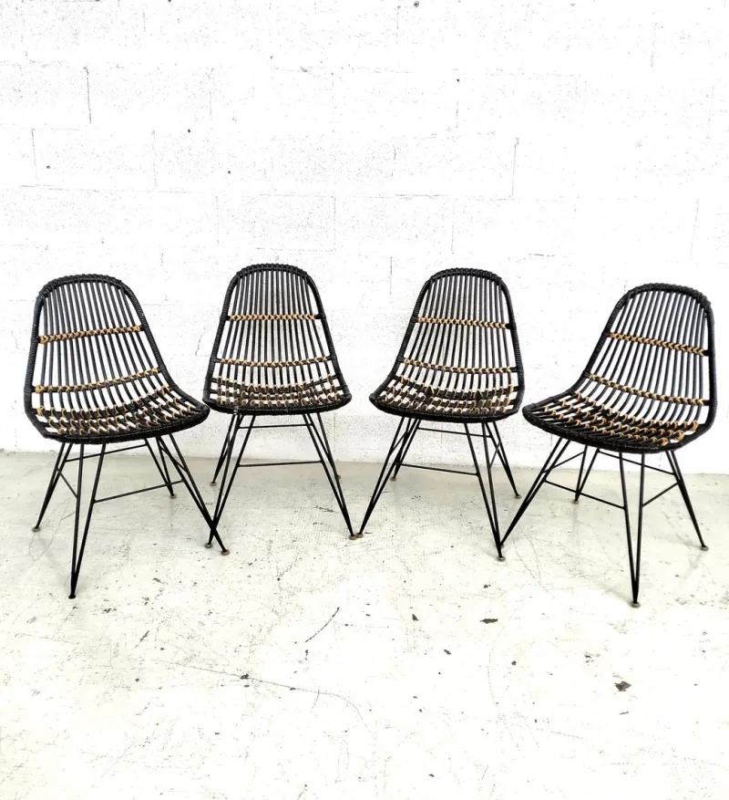Pamono Rattan and Metal Chairs, 1960s, Set of 4> Garden Seating